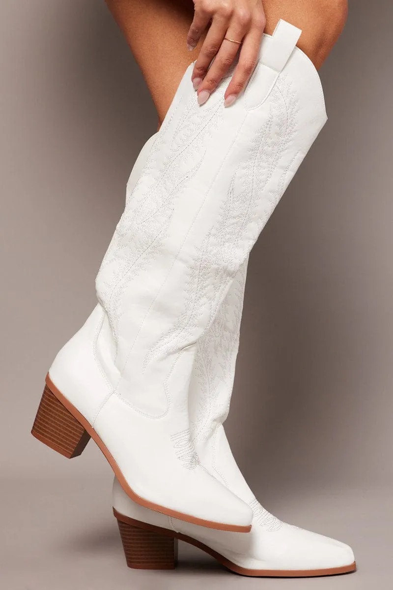 White Embroidered Western Boots