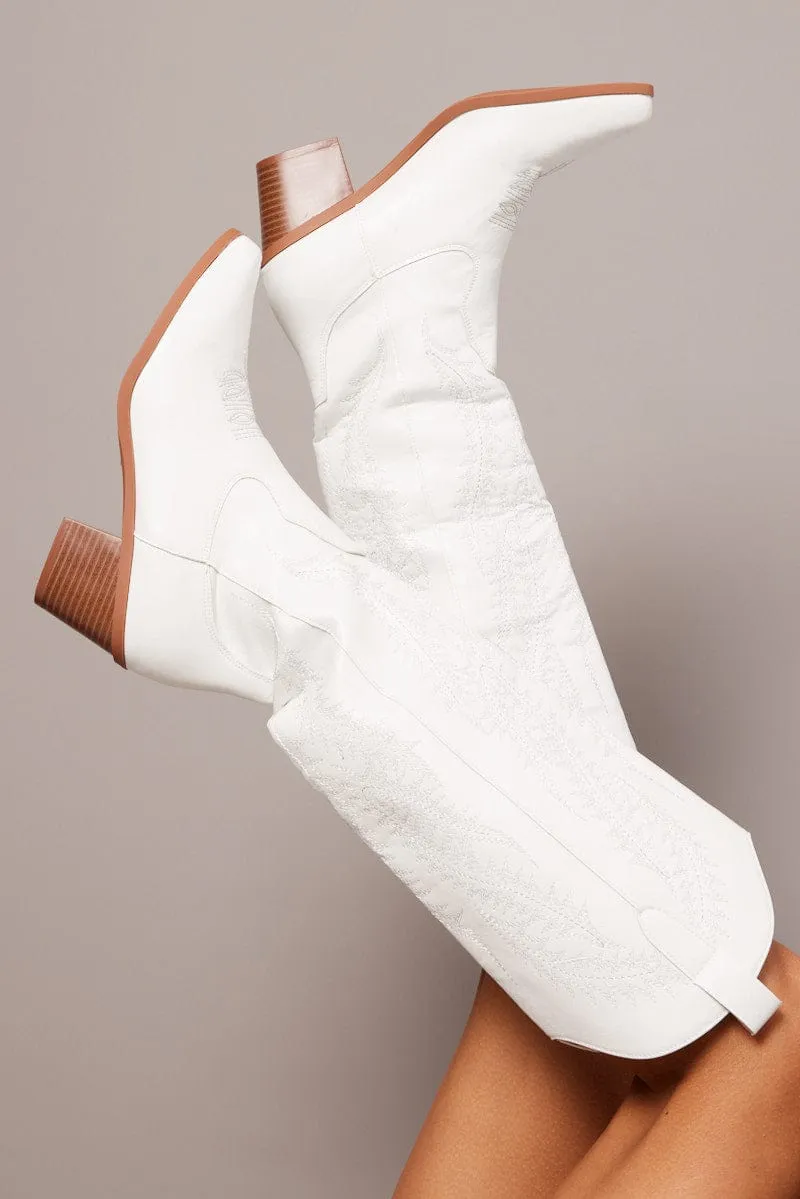 White Embroidered Western Boots