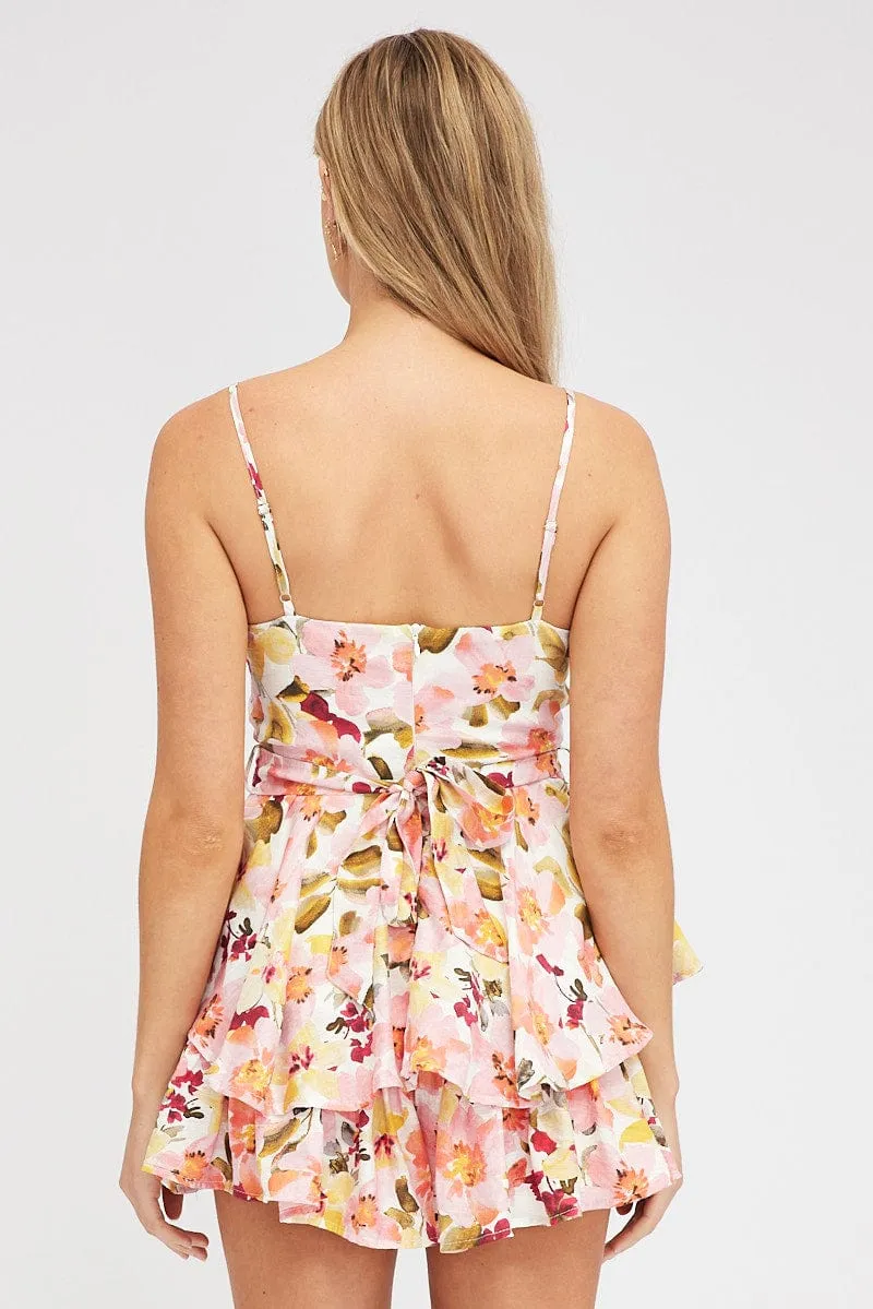 White Floral Fit And Flare Playsuit Square Neck