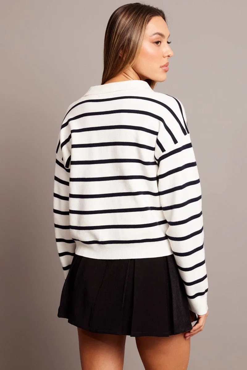White Stripe Knit Top Long Sleeve Collar